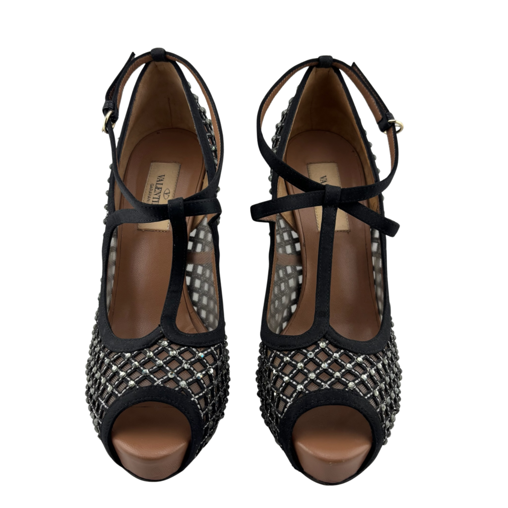 Valentino Black Rhinestone T-strap Pumps, 37.5