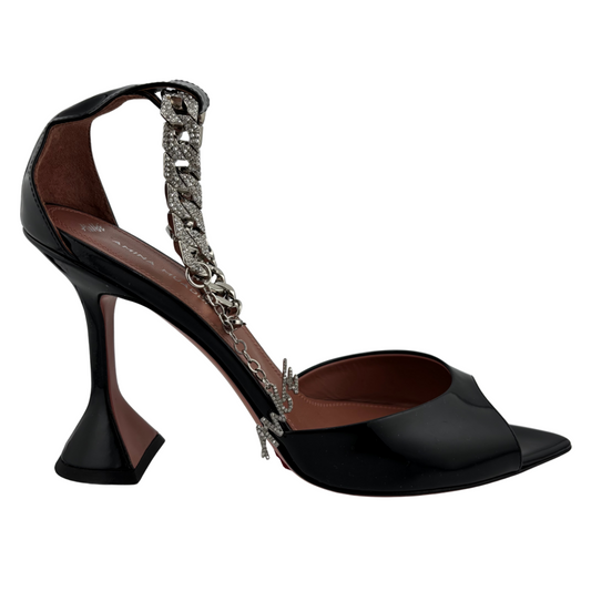 Amina Muaddi x Awge Black Patent Leather Ankle Chain Flacko Heel, 39