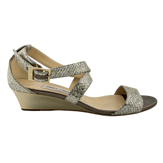 Jimmy Choo Gold Glitter Wedge Sandal, 39
