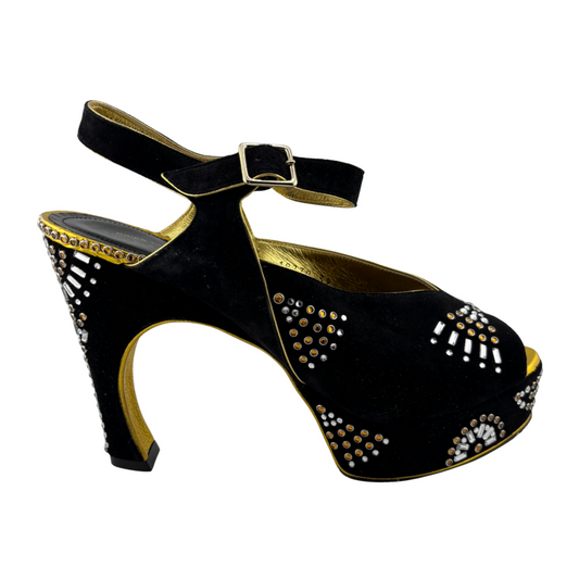 Dries Van Noten Suede Embellished Peep Toe Platform Heel, 39.5