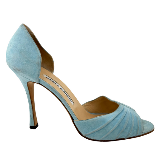 Manolo Blahnik Blue Suede Peep Toe Pump, 39.5