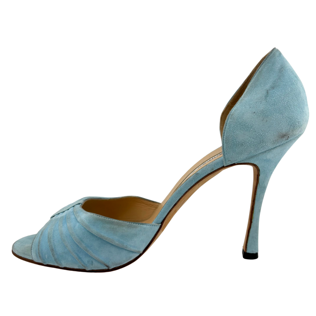 Manolo Blahnik Blue Suede Peep Toe Pump, 39.5
