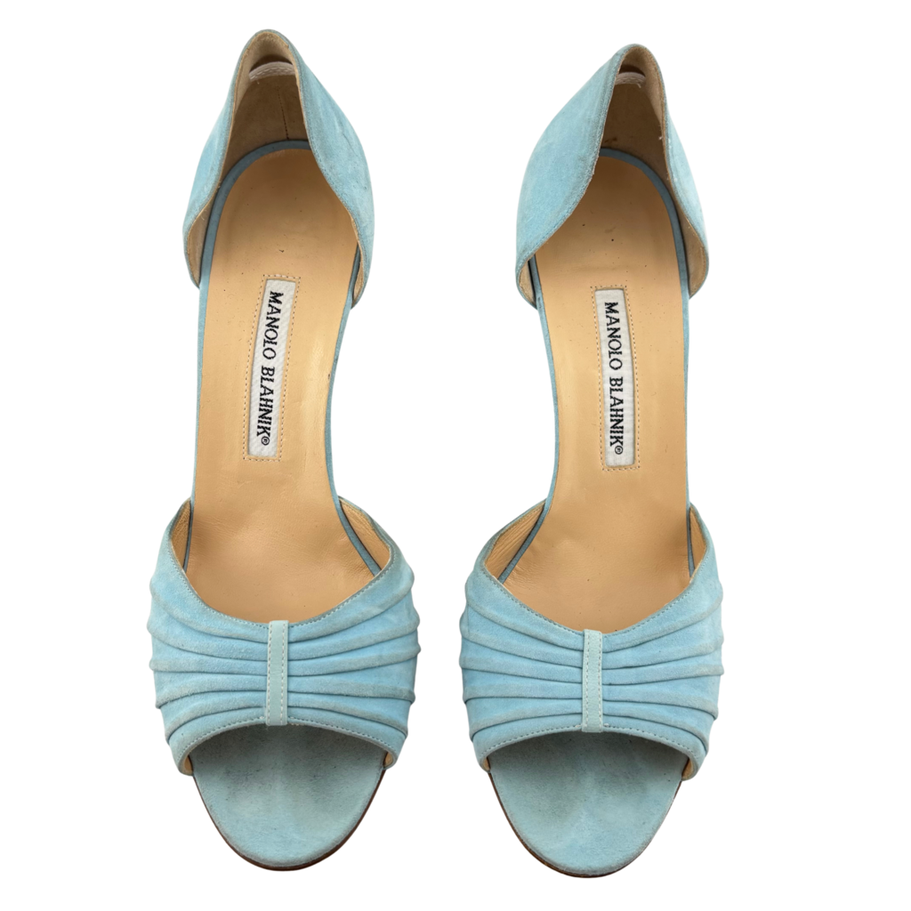 Manolo Blahnik Blue Suede Peep Toe Pump, 39.5