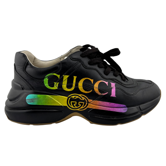 Gucci Black Leather Rainbow Logo Sneaker, 39.5