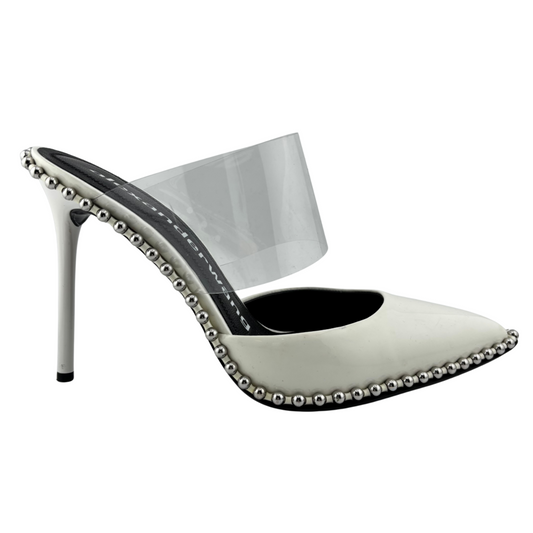 Alexander Wang White Patent PVC Strap Studded Heels, 39.5