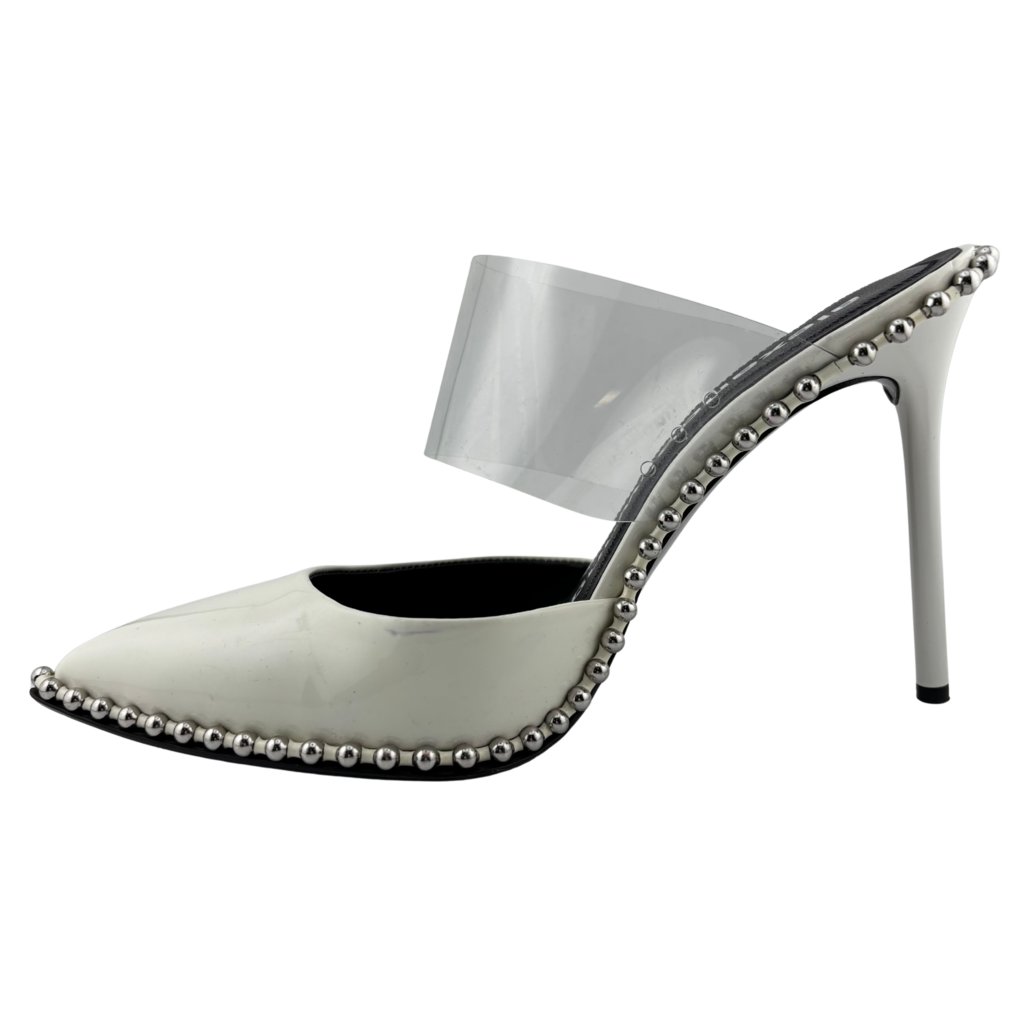 Alexander Wang White Patent PVC Strap Studded Heels, 39.5