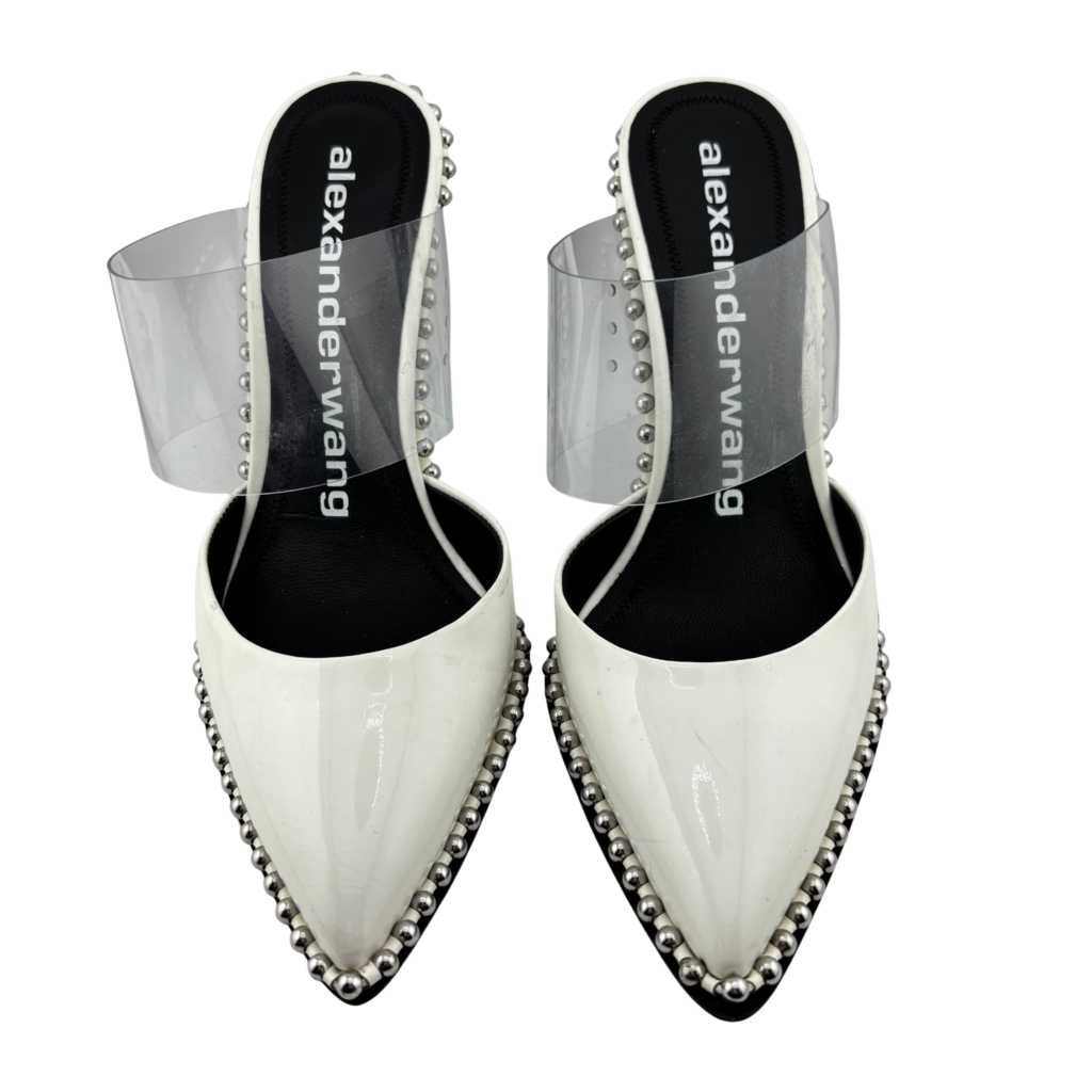 Alexander Wang White Patent PVC Strap Studded Heels, 39.5