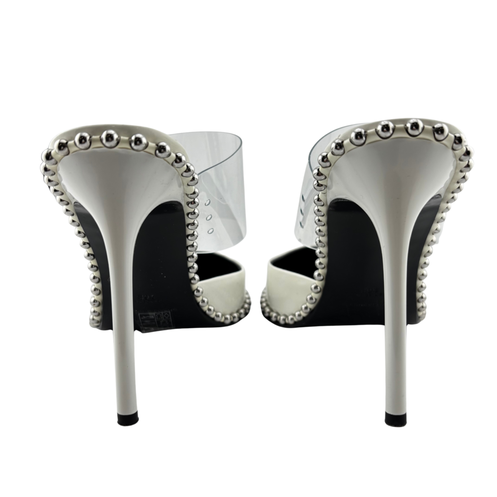 Alexander Wang White Patent PVC Strap Studded Heels, 39.5