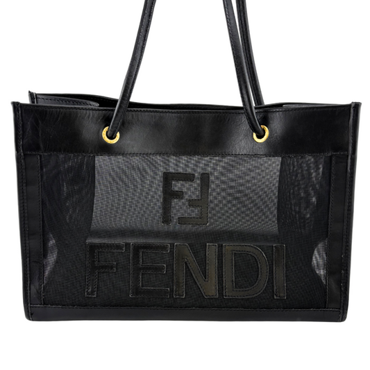 Logo Tote Bag Mesh Leather Black