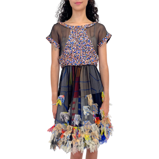 Chanel Black Silk Multicolor Ruffle Sequin Dress, 38