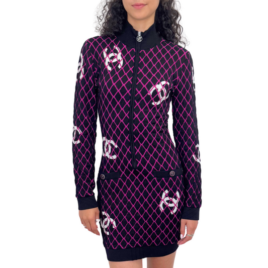 Chanel Black & Purple CC Knit Zip Ski Dress (2019), 38