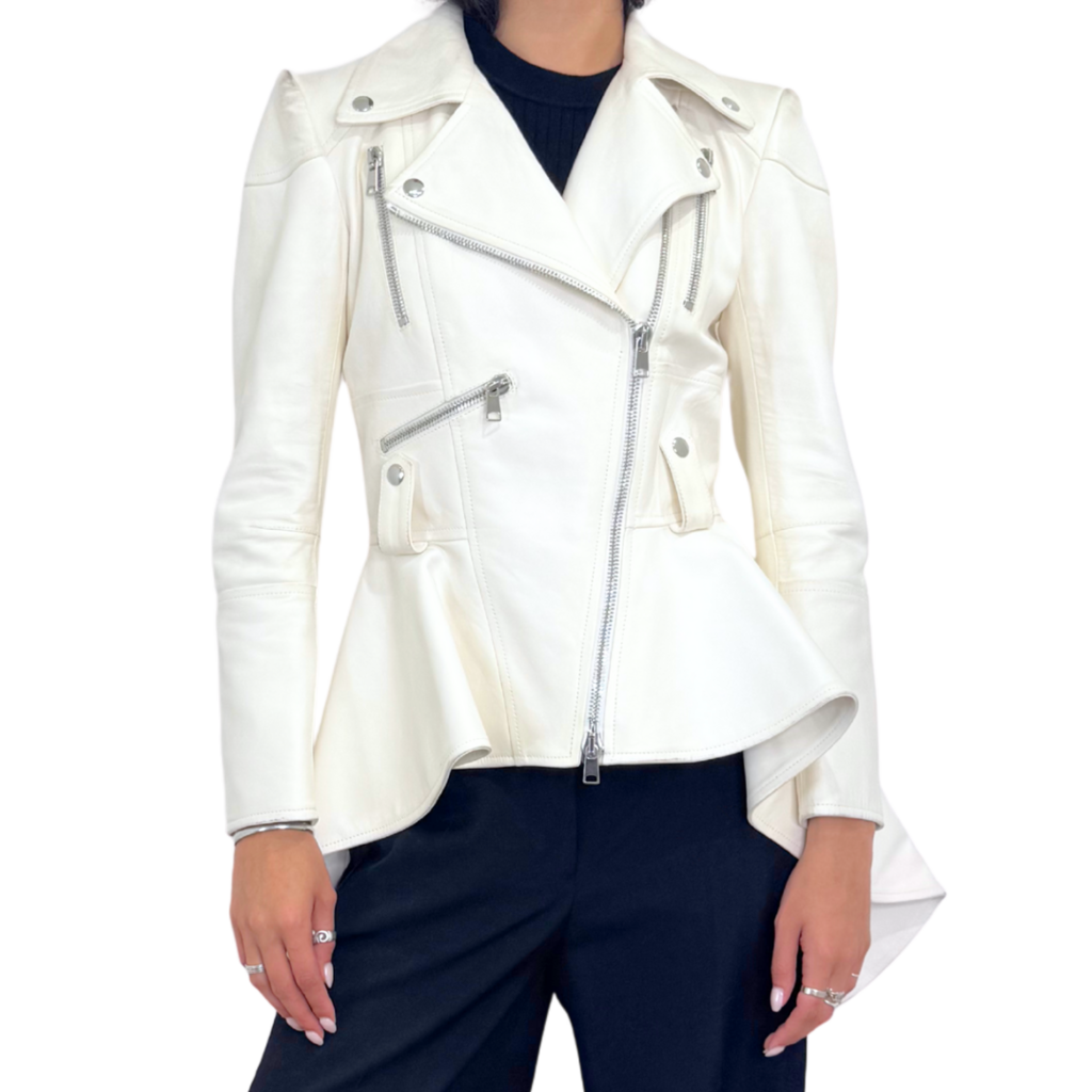 Alexander McQueen White Leather Jacket with Tails, 40 (AS IS)