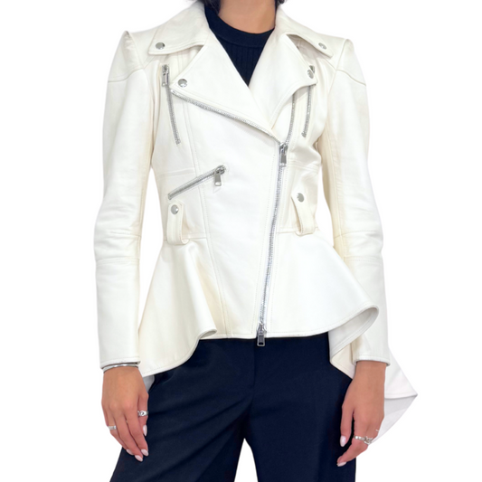 Alexander McQueen White Leather Jacket with Tails, 40 (AS IS)