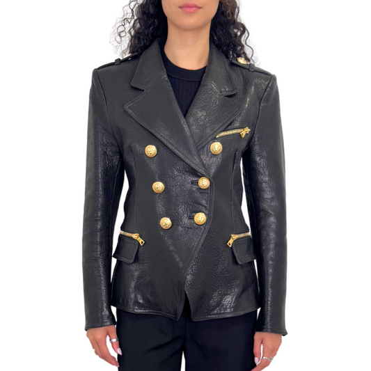 Balmain Black Leather Gold Hardware Blazer, 42