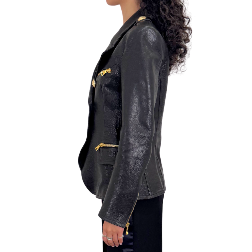 Balmain Black Leather Gold Hardware Blazer, 42