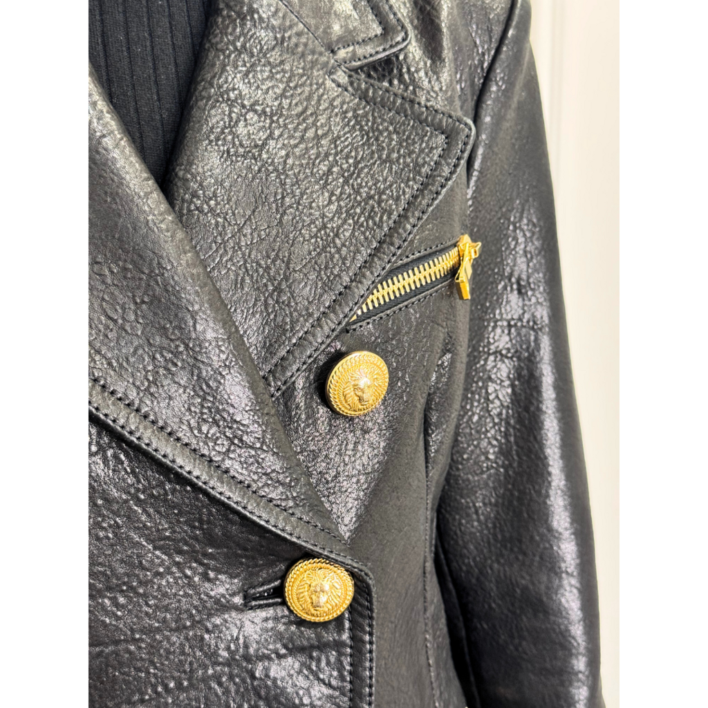 Balmain Black Leather Gold Hardware Blazer, 42