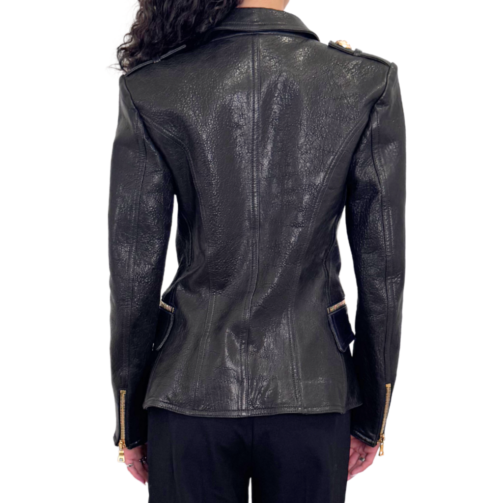 Balmain Black Leather Gold Hardware Blazer, 42
