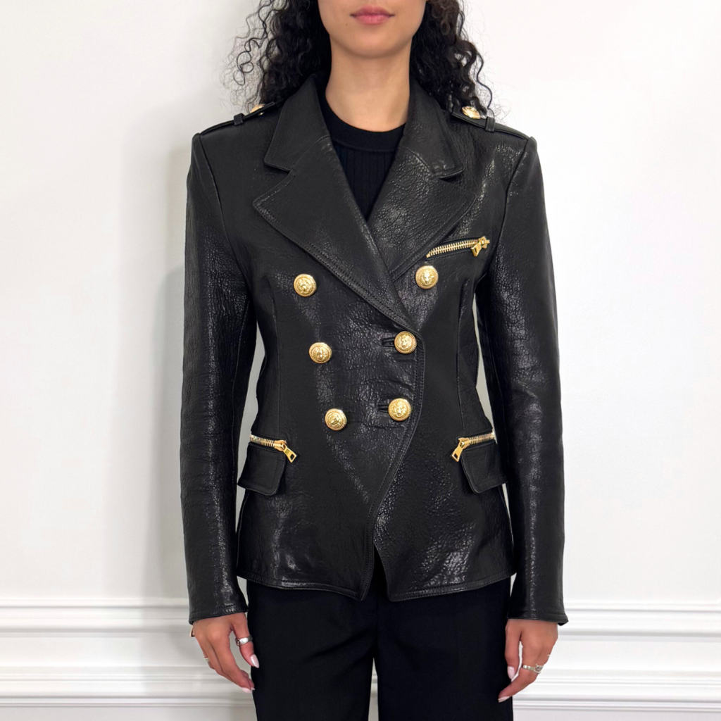 Balmain Black Leather Gold Hardware Blazer, 42
