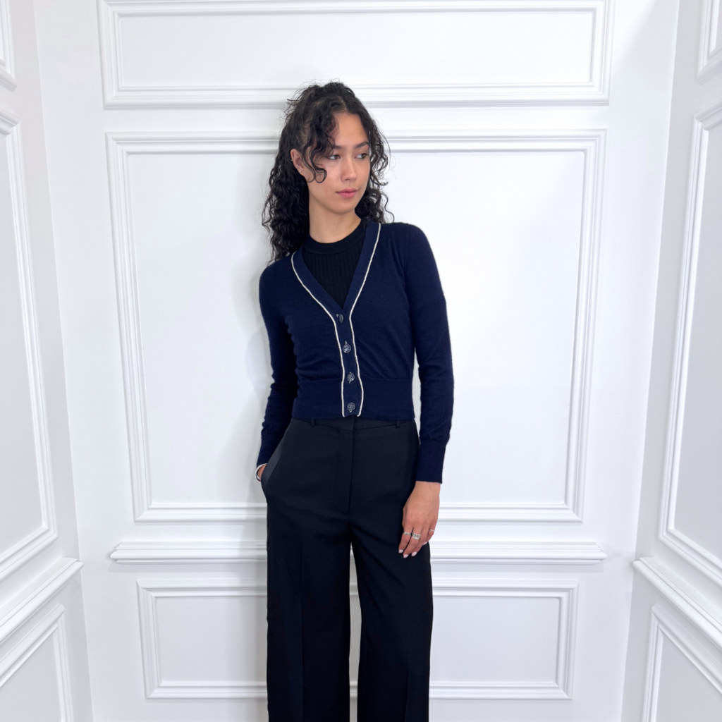 Chanel Navy Cropped Cardigan with Silver Trim