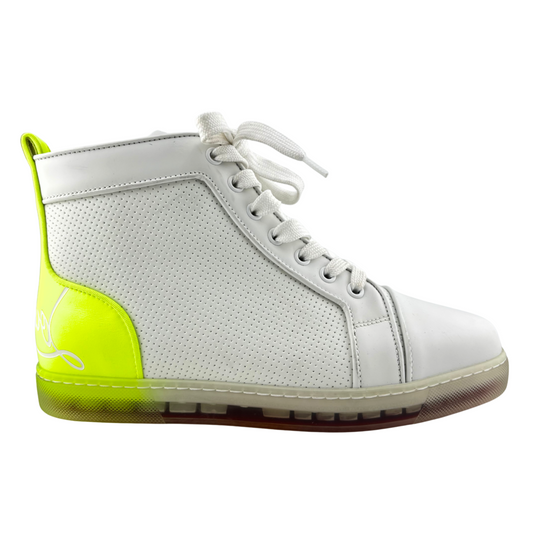 Christian Louboutin White Neon Yellow Accent High Top Sneakers, 38