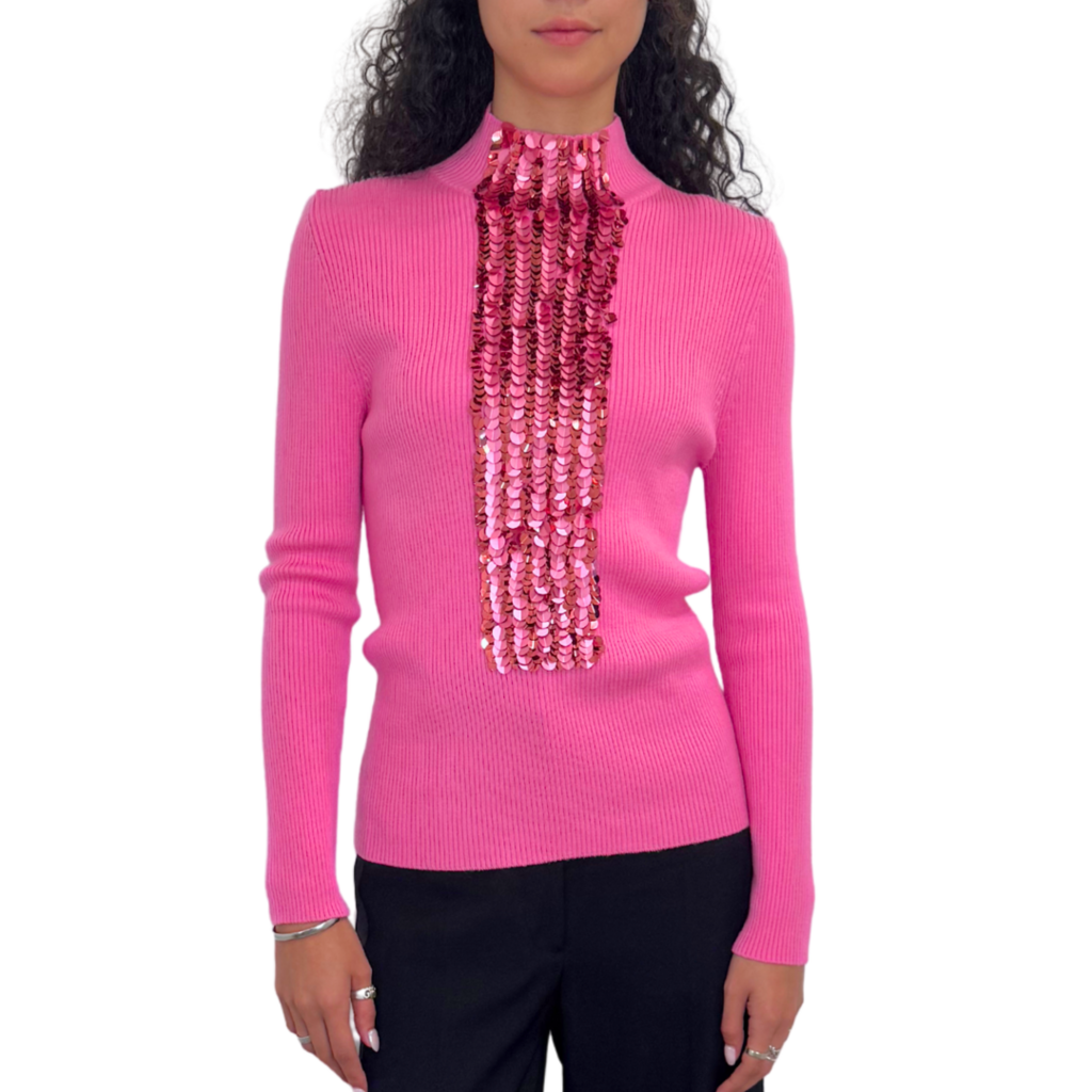 Delpozo Pink Ribbed Merino Wool Sequin Sweater, M (NWT)