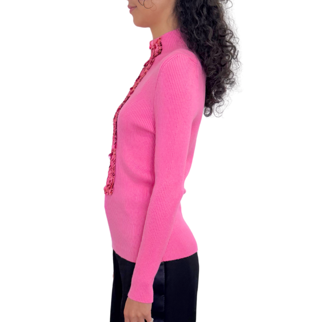 Delpozo Pink Ribbed Merino Wool Sequin Sweater, M (NWT)