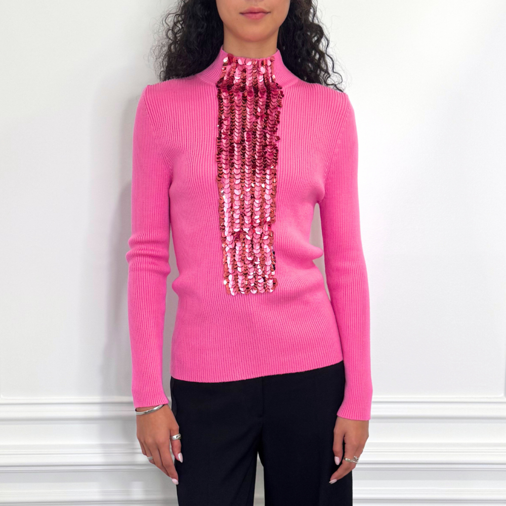 Delpozo Pink Ribbed Merino Wool Sequin Sweater, M (NWT)
