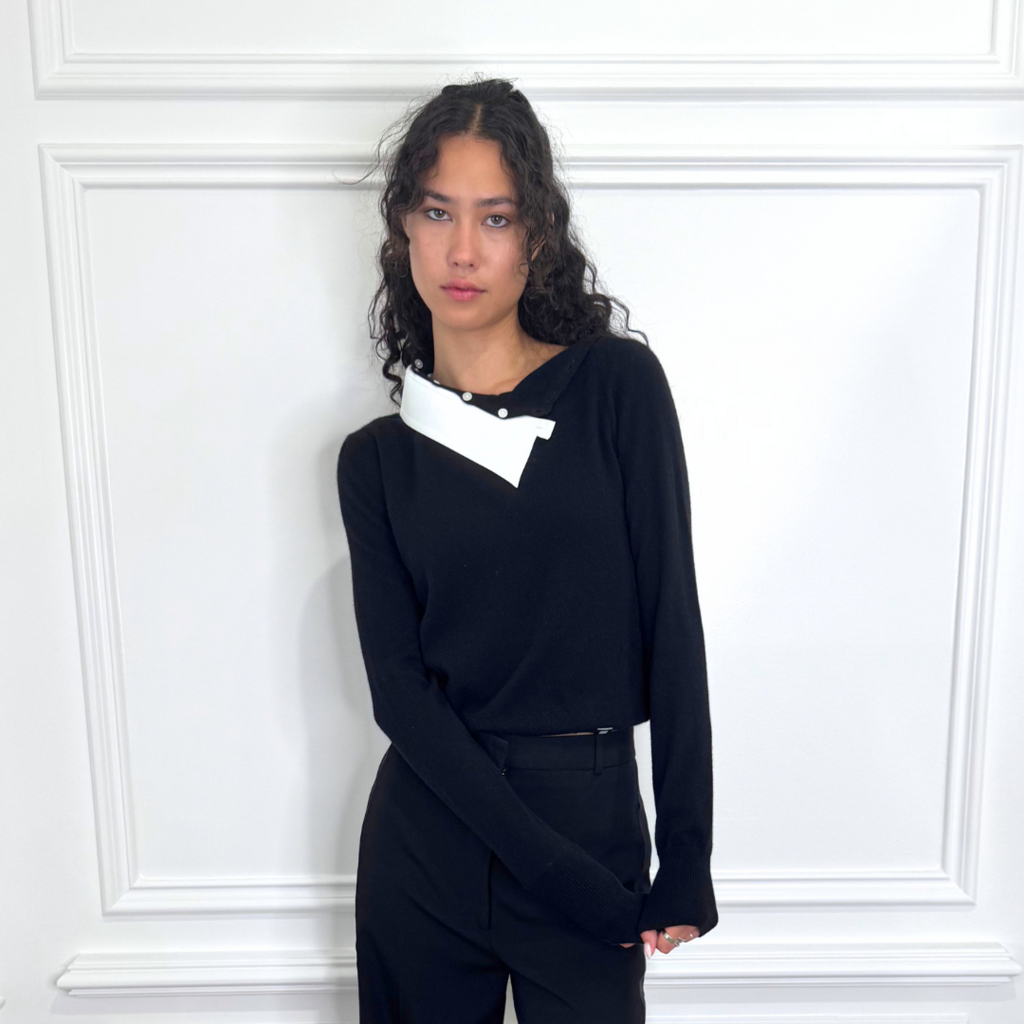 Chanel Black Cashmere White Collar Sweater (2004), 36