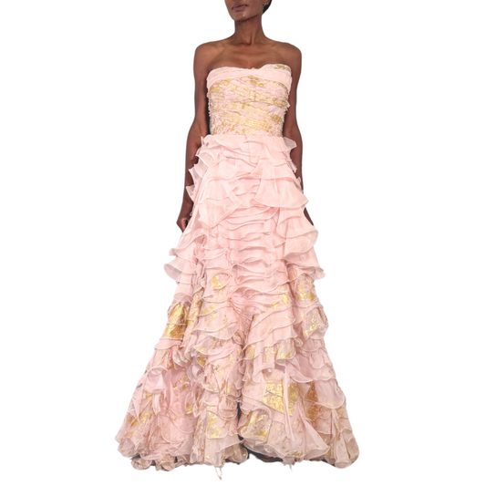 Oscar De La Renta Pink & Gold Ruffle Gown, 4