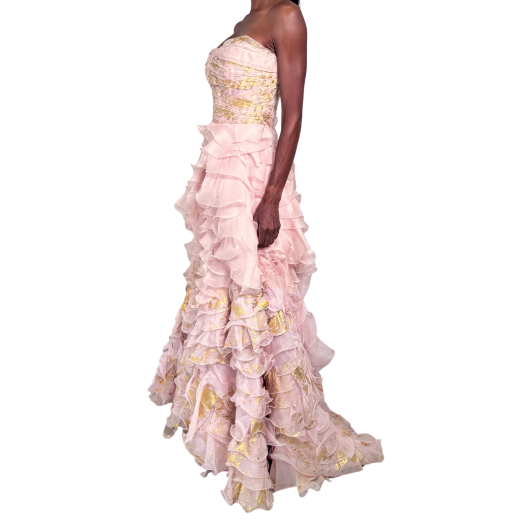 Oscar De La Renta Pink & Gold Ruffle Gown, 4