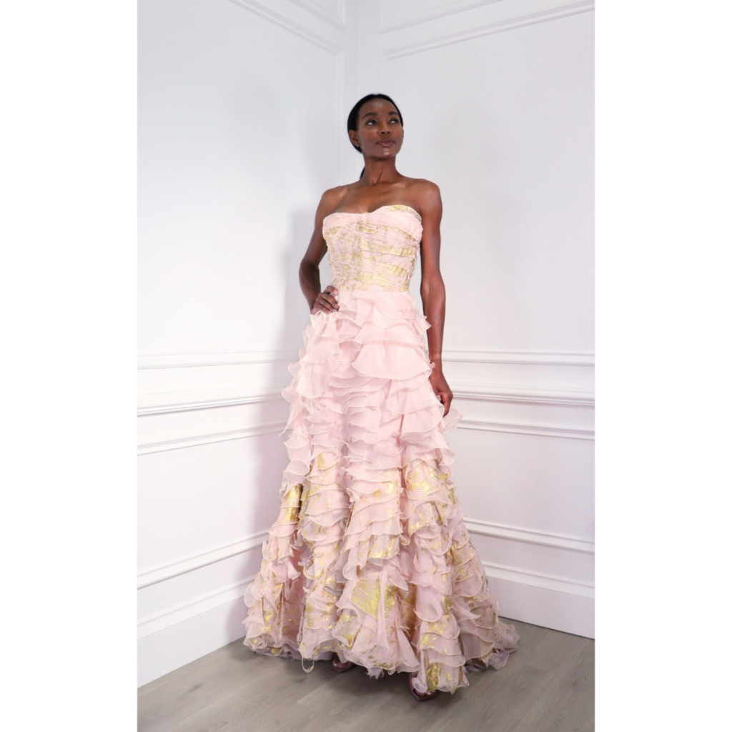 Oscar De La Renta Pink & Gold Ruffle Gown, 4