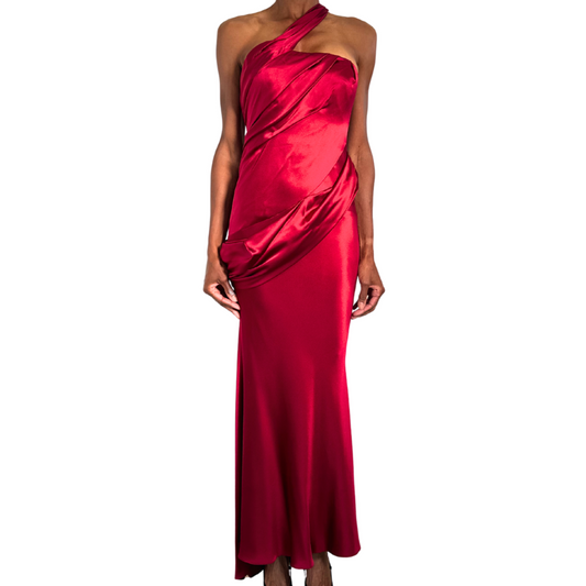 Oscar de la Renta Red Draped One Shoulder Gown, 0 (AS IS)