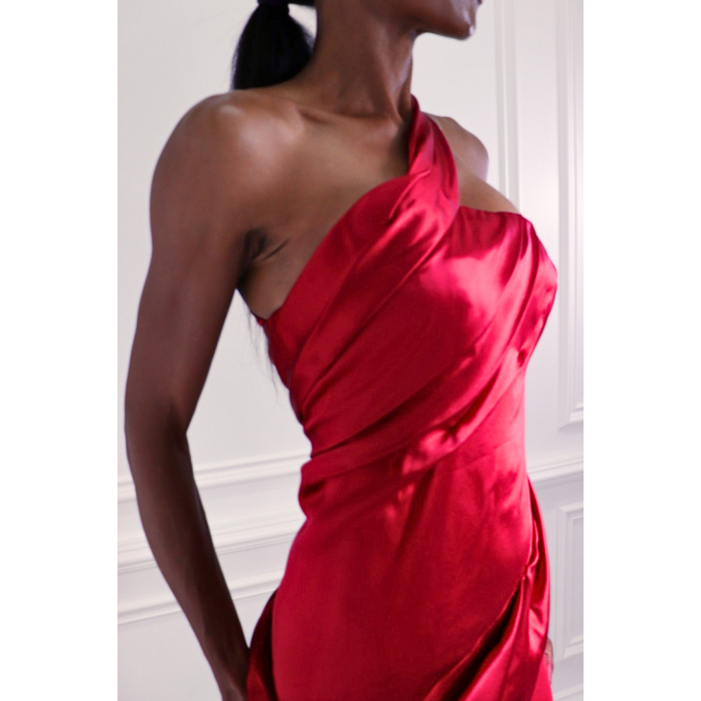 Oscar de la Renta Red Draped One Shoulder Gown, 0 (AS IS)