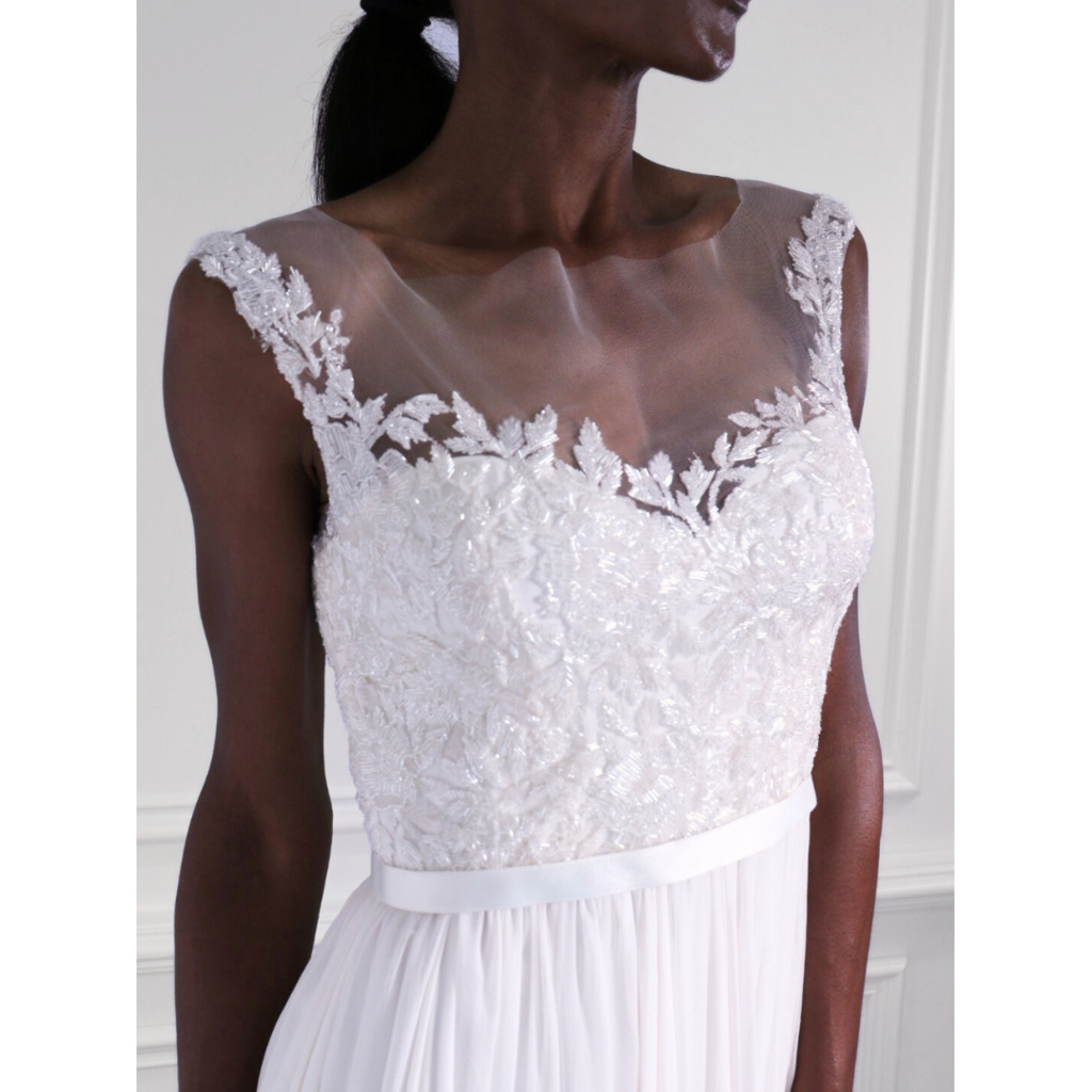 Reem Acra Cream Beaded Long Dress, 6