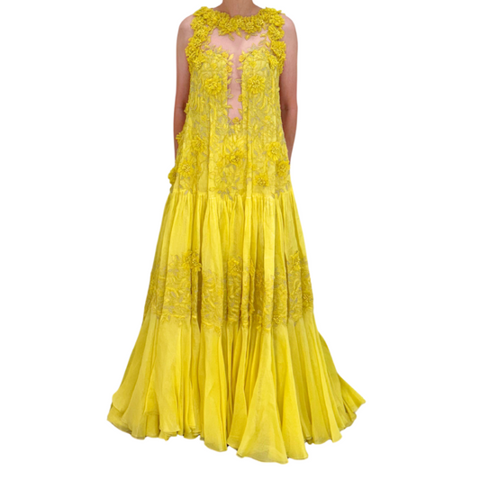 George Chakras Yellow Floral Applique Gown
