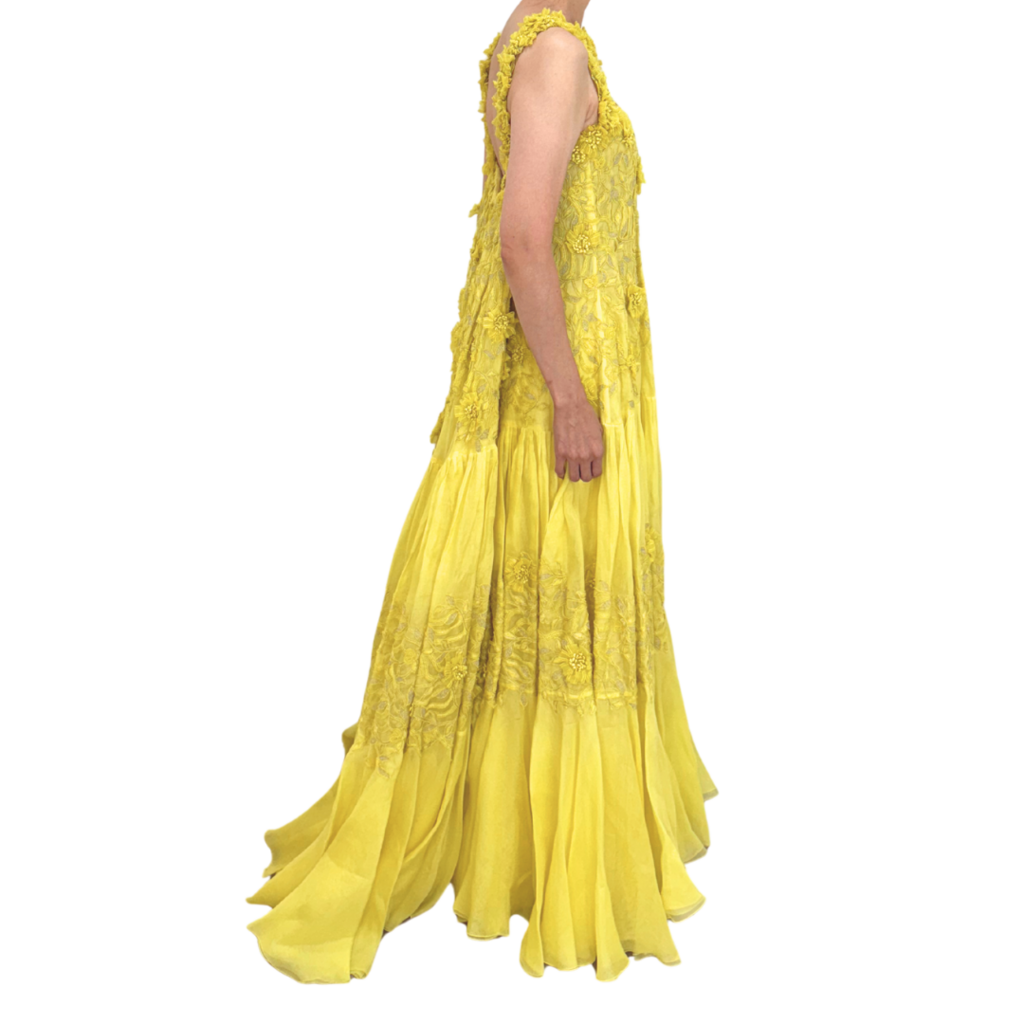George Chakras Yellow Floral Applique Gown
