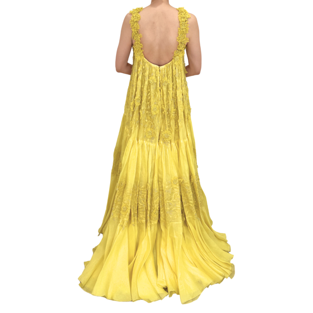 George Chakras Yellow Floral Applique Gown