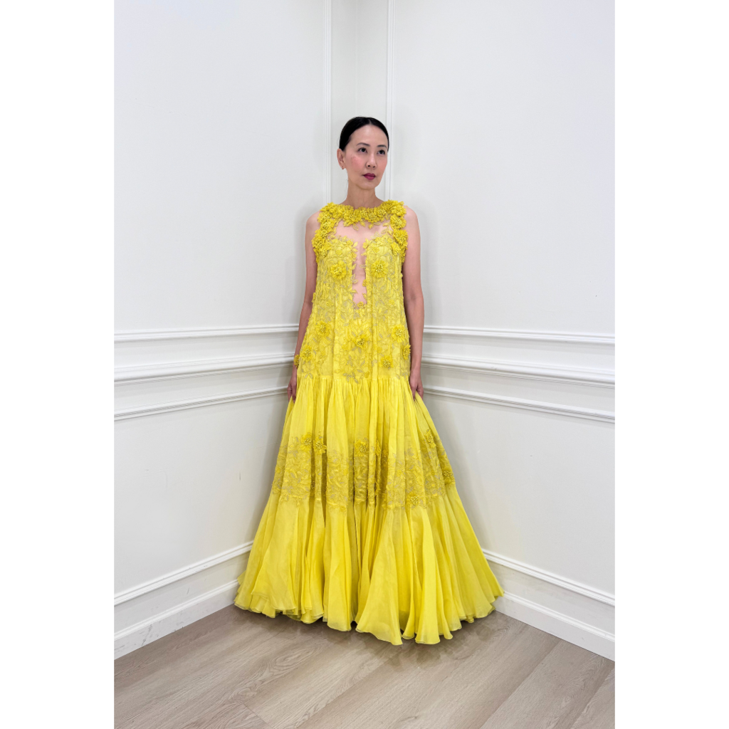 George Chakras Yellow Floral Applique Gown