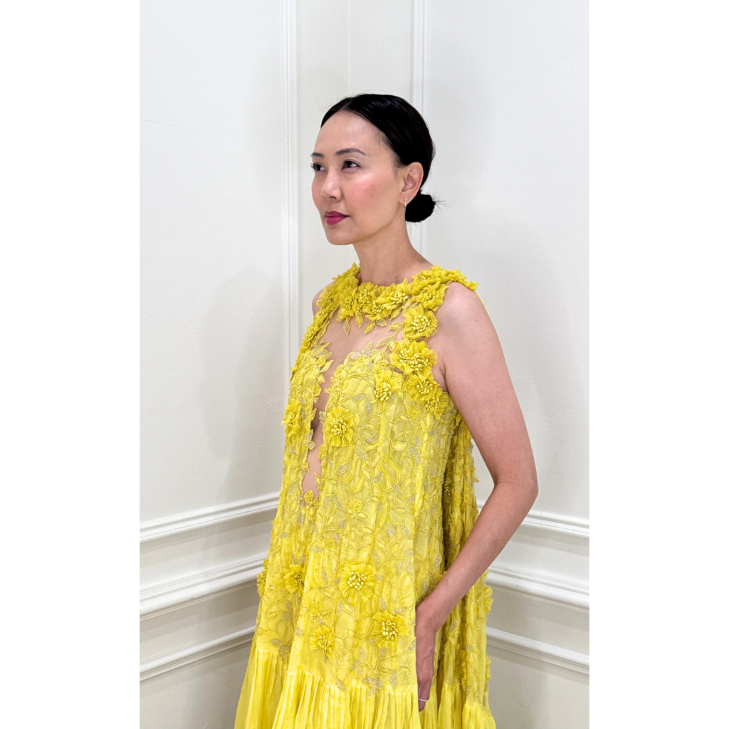 George Chakras Yellow Floral Applique Gown