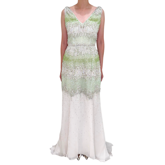 Dennis Basso Green & White Beaded Gown, 40