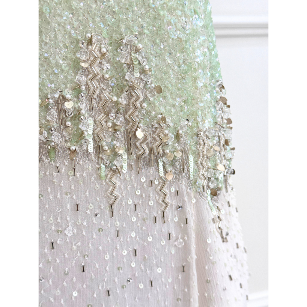Dennis Basso Green & White Beaded Gown, 40