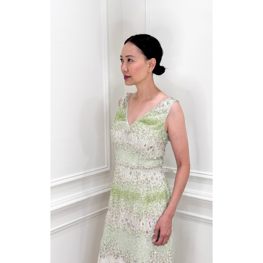 Dennis Basso Green & White Beaded Gown, 40
