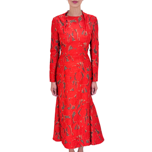 Emilia Wickstead Red on Beige Pintucked Floral Cutout Dress (NWT)