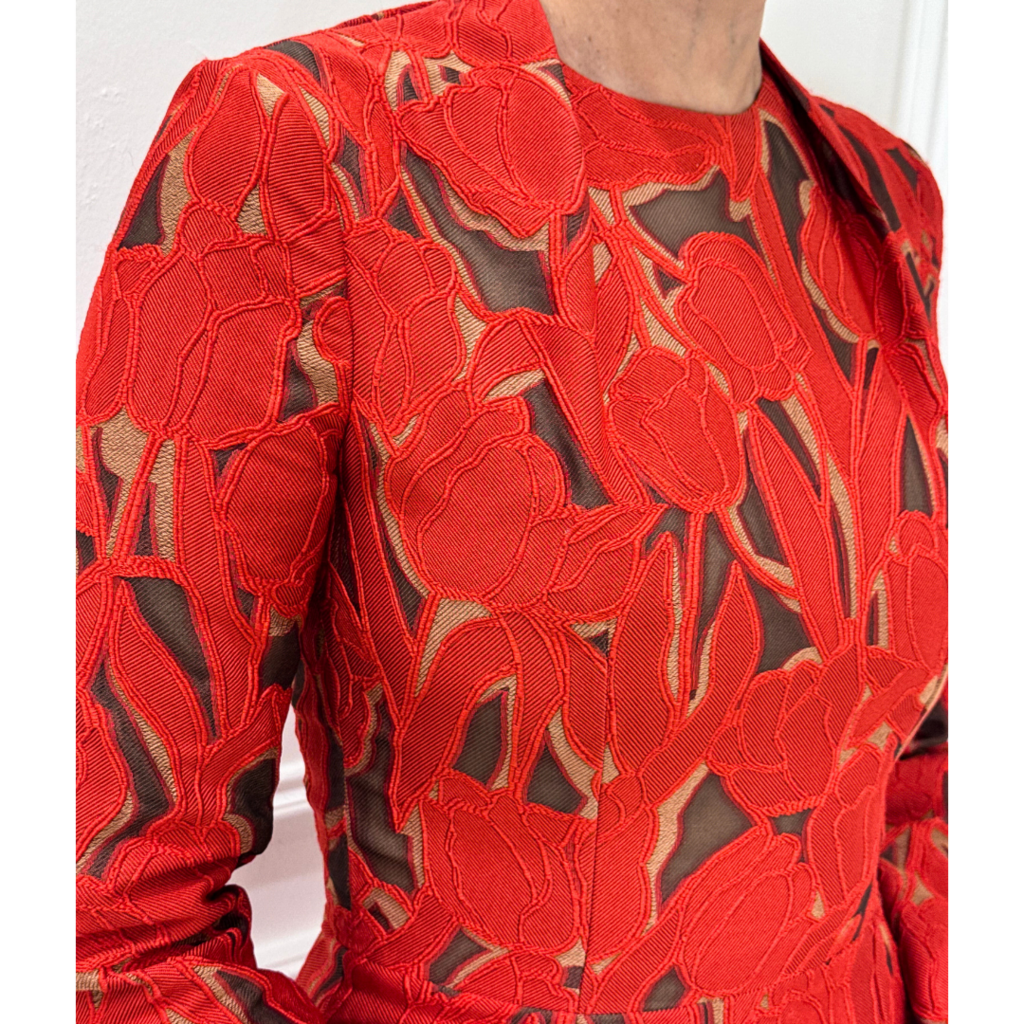 Emilia Wickstead Red on Beige Pintucked Floral Cutout Dress (NWT)