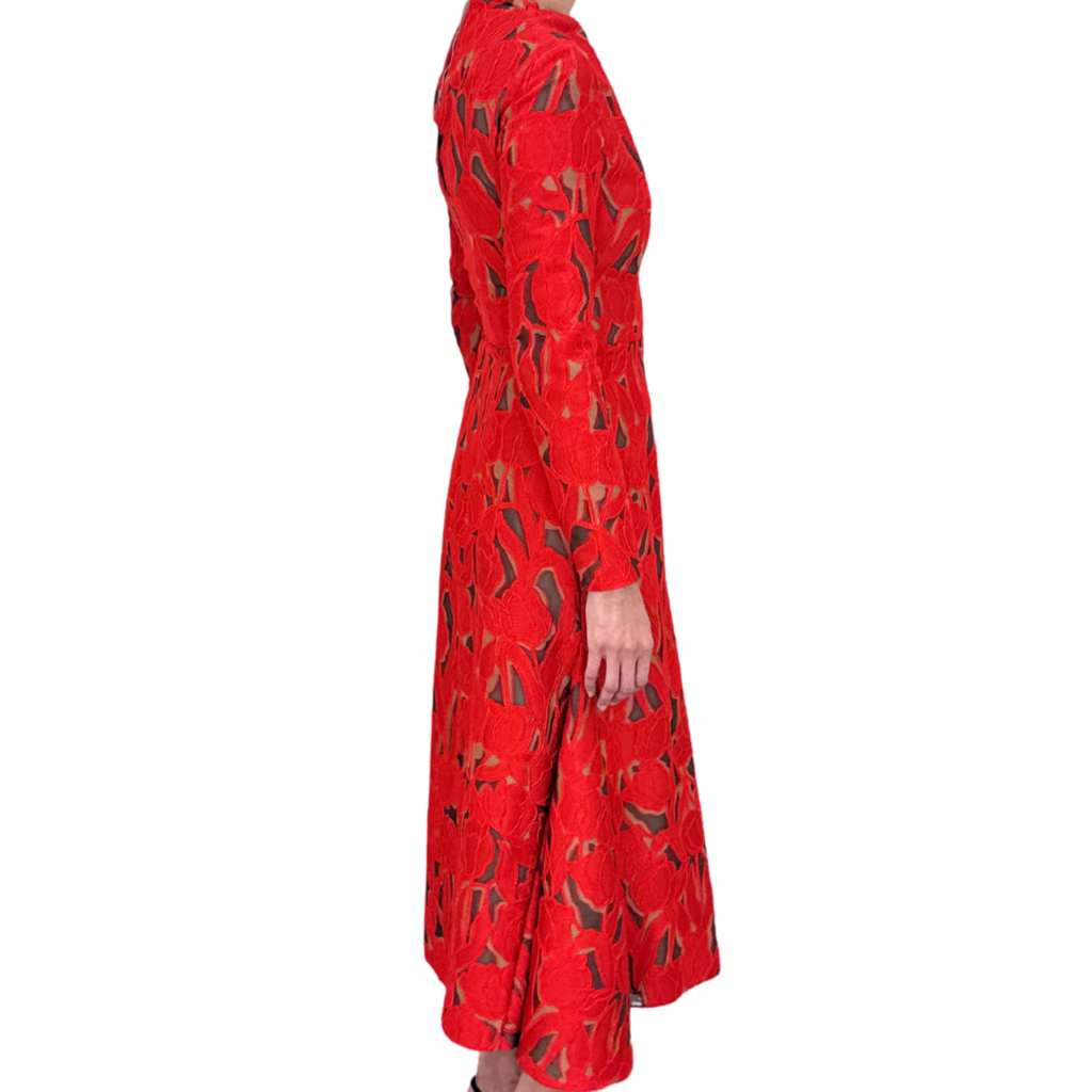 Emilia Wickstead Red on Beige Pintucked Floral Cutout Dress (NWT)