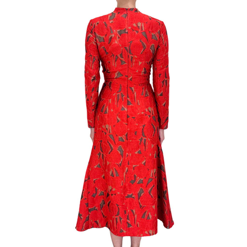 Emilia Wickstead Red on Beige Pintucked Floral Cutout Dress (NWT)