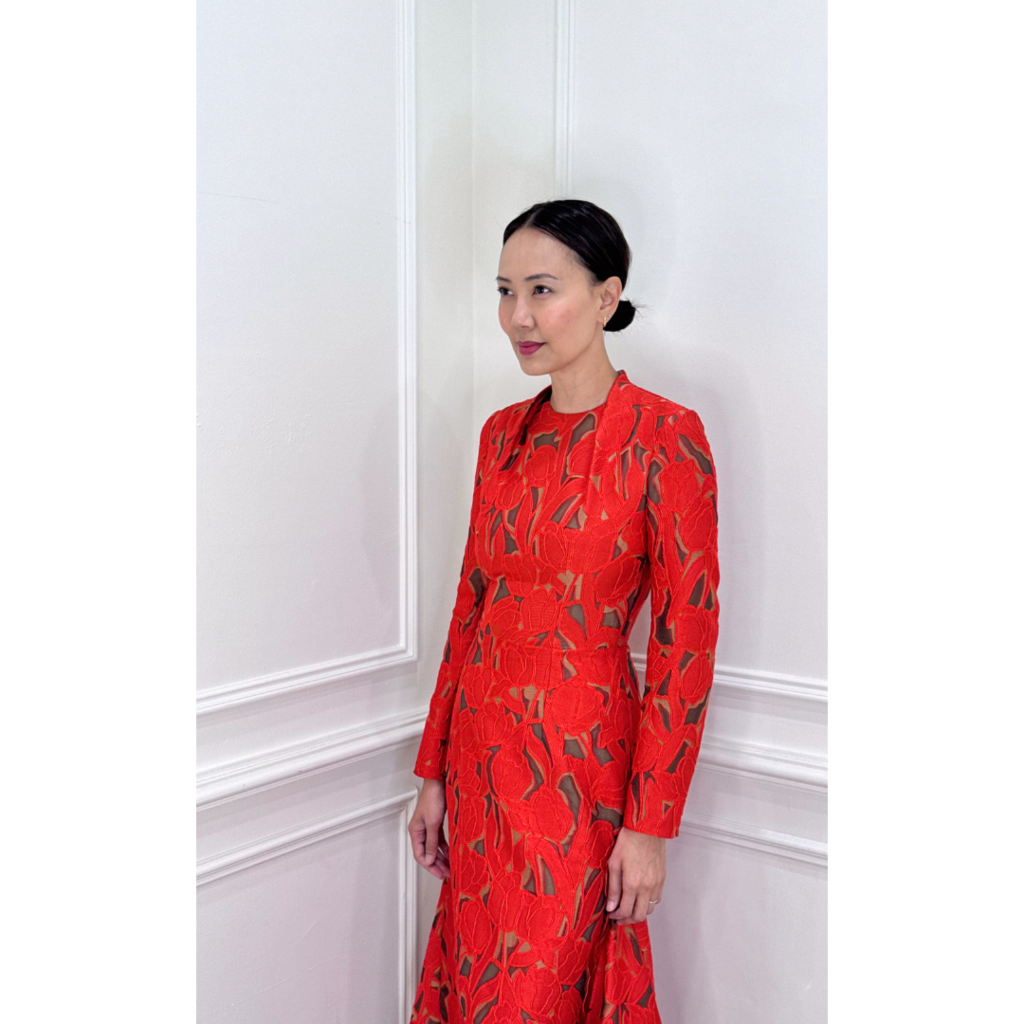 Emilia Wickstead Red on Beige Pintucked Floral Cutout Dress (NWT)