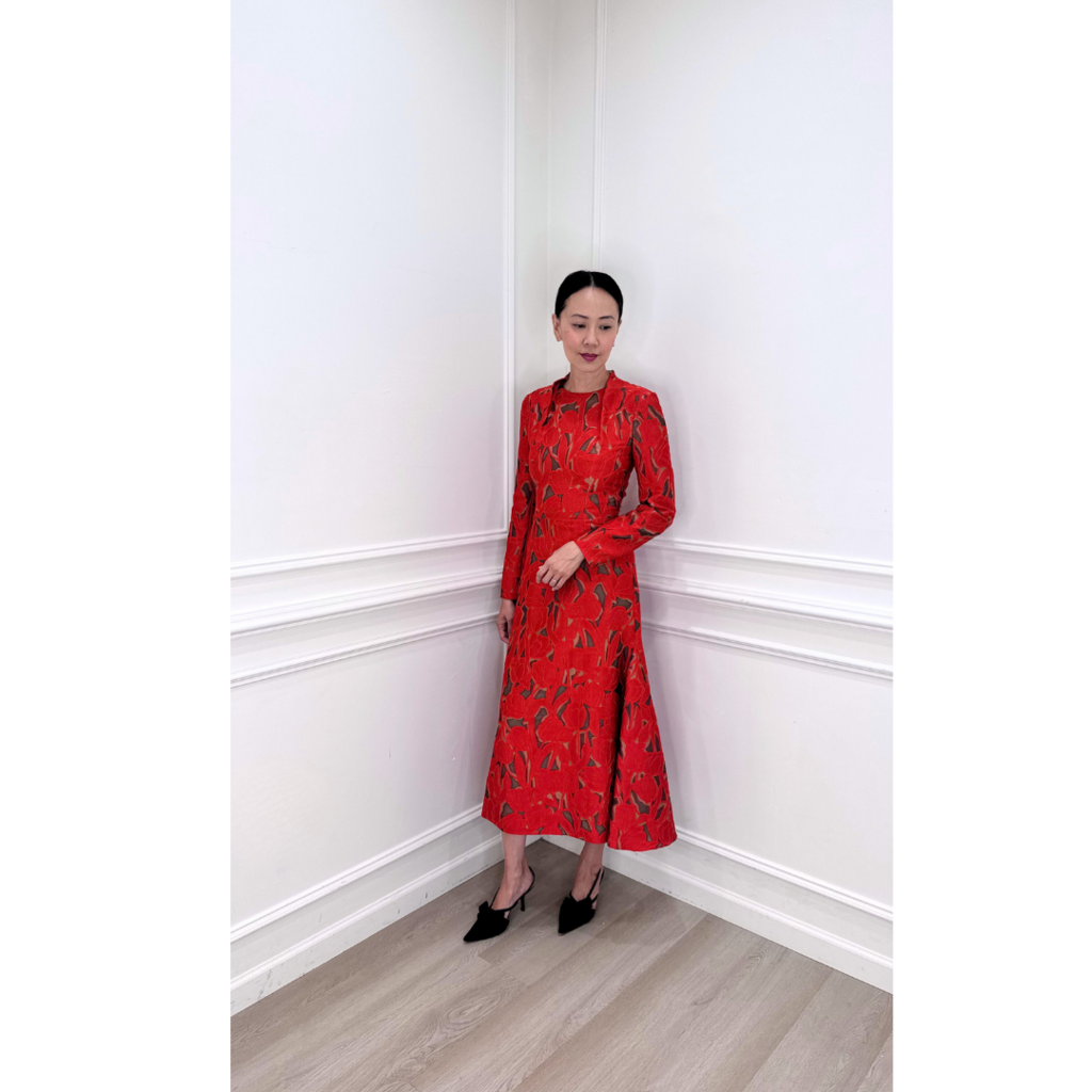 Emilia Wickstead Red on Beige Pintucked Floral Cutout Dress (NWT)