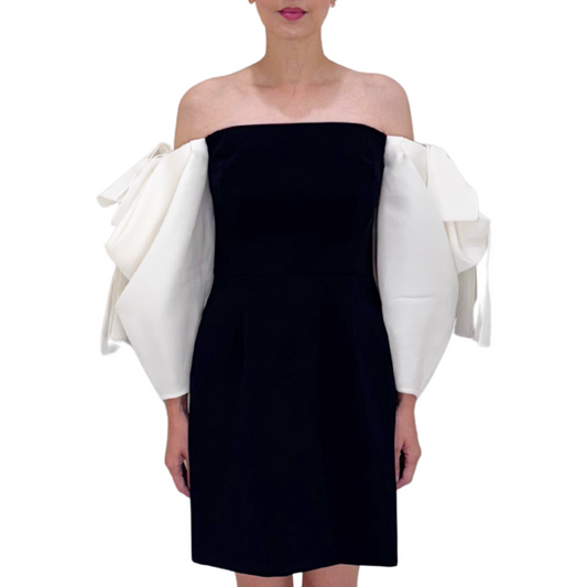 Caroline Herrera Black & White Draped Ribbon Off Shoulder Mini Dress, 6 (NWT)