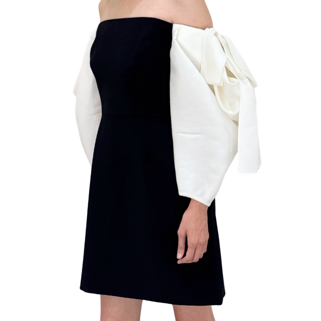 Caroline Herrera Black & White Draped Ribbon Off Shoulder Mini Dress, 6 (NWT)